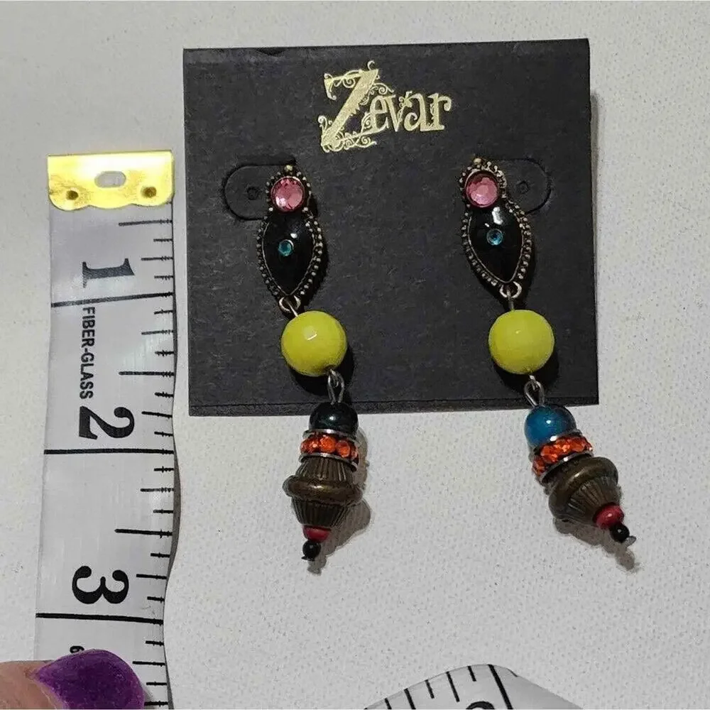 Treska Zevar Beaded Drop Earrings Multi Color Boho Statement Rhinestone Dangle